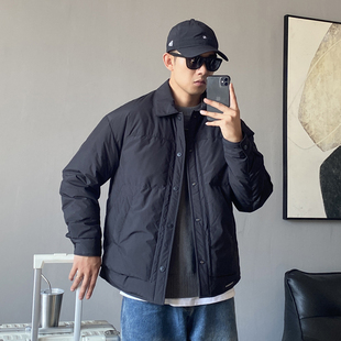 羽绒服男宽松百搭翻领保暖外套潮 休闲痞帅高端黑色轻薄款 冬季 美式