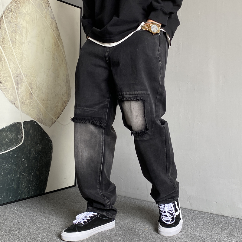 秋季美式痞帅重磅复古做旧破洞贴布黑色牛仔裤男直筒宽松锥形裤子