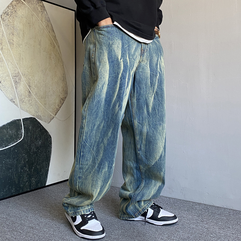 重磅复古扎染牛仔裤男直筒宽松