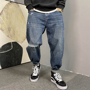 男宽松直筒高街潮流做旧锥形裤 重磅水洗复古破洞牛仔裤 子 美式 春季
