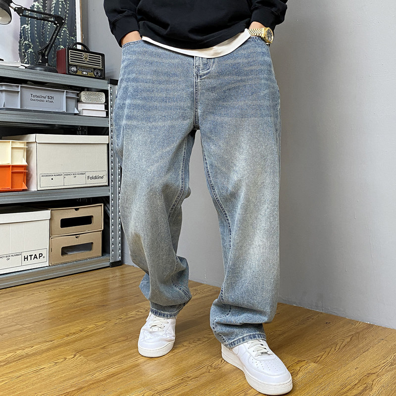 秋季美式休闲痞帅水洗复古浅蓝色牛仔裤男直筒宽松高街百搭阔腿裤