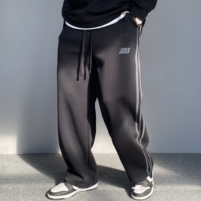 条纹黑色卫裤男直筒宽松百搭大码