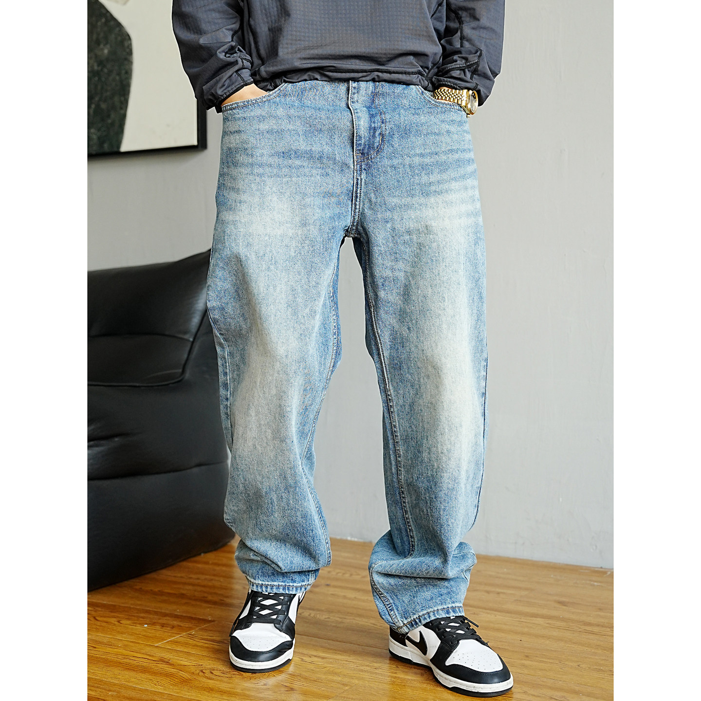 秋季美式休闲痞帅水洗复古牛仔裤男直筒宽松高街通勤百搭长裤子潮