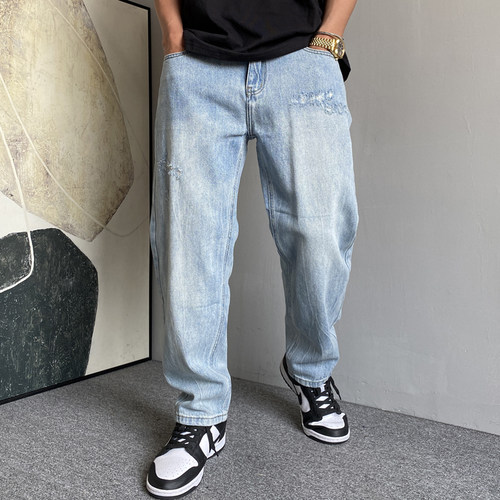 春夏季美式休闲痞帅浅蓝色牛仔裤男直筒宽松高街百搭锥型裤子潮牌