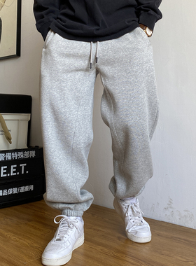 秋冬季美式休闲加绒针织灰色卫裤男宽松抽绳百搭潮流运动束脚裤子