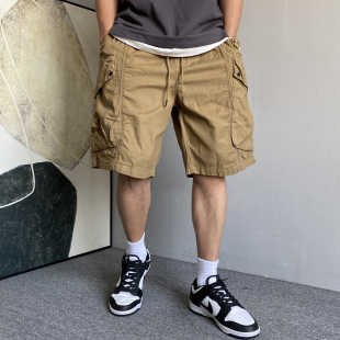 男宽松抽绳五分裤 夏季 短裤 休闲痞帅重磅卡其色大口袋工装 子潮 美式
