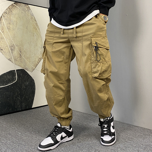 男直筒宽松抽绳束脚裤 春秋季 裤 休闲痞帅卡其色大口袋工装 子潮 美式