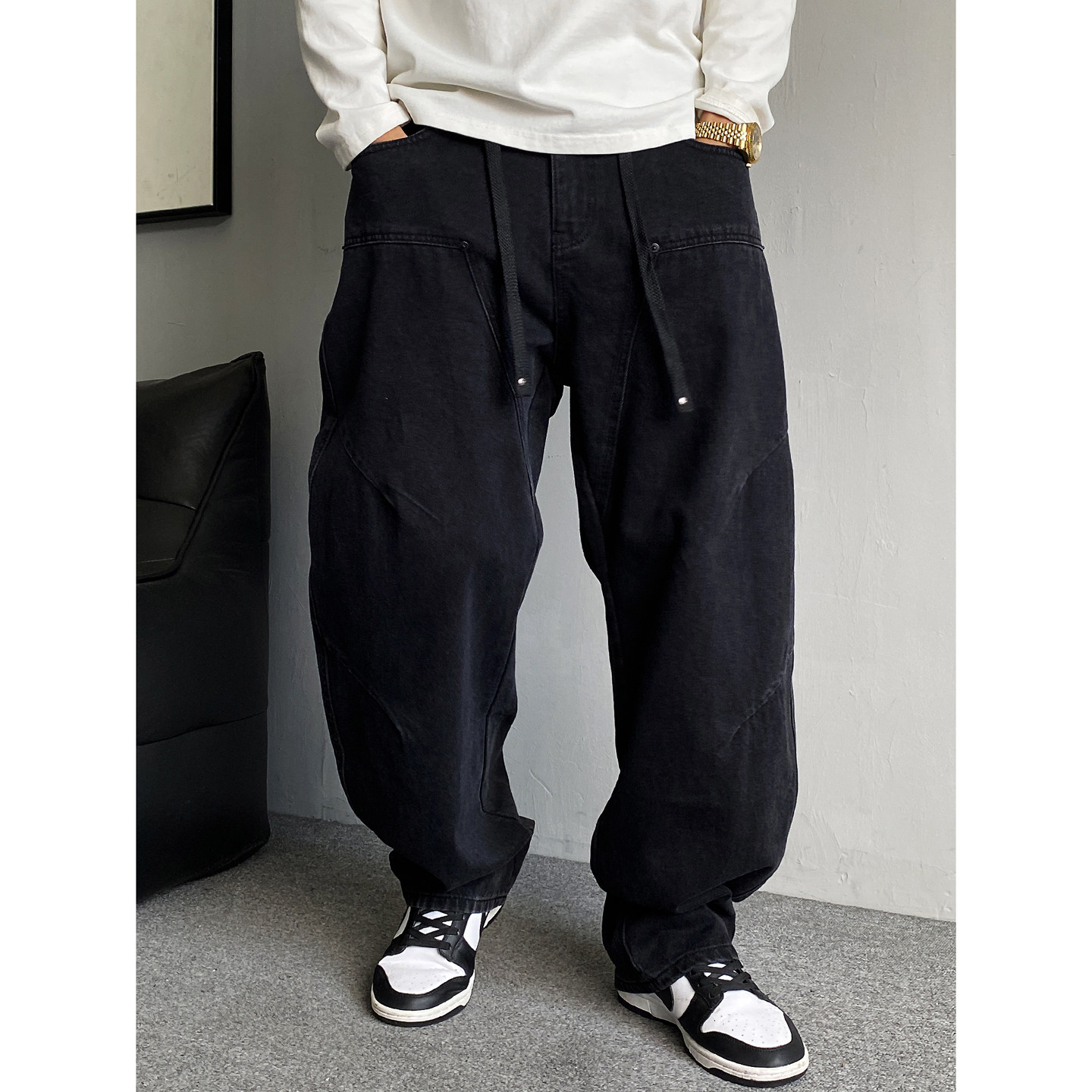 秋季美式痞帅重磅伐木黑色工装牛仔裤男直筒宽松抽绳阔腿弯刀长裤,男装,牛仔裤,淘宝优惠券,粉丝福利购,淘宝优惠卷