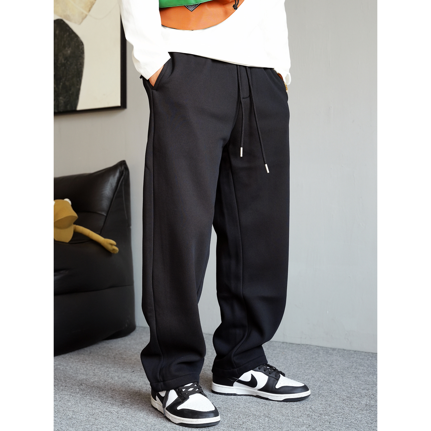 冬季美式休闲高级感痞帅加绒加厚针织卫裤男直筒宽松抽绳百搭长裤