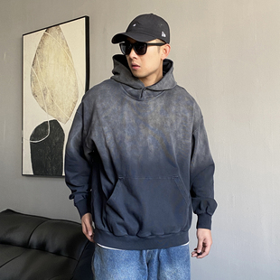 春秋季美式休闲痞帅重磅复古扎染渐变连帽卫衣男宽松百搭套头上衣