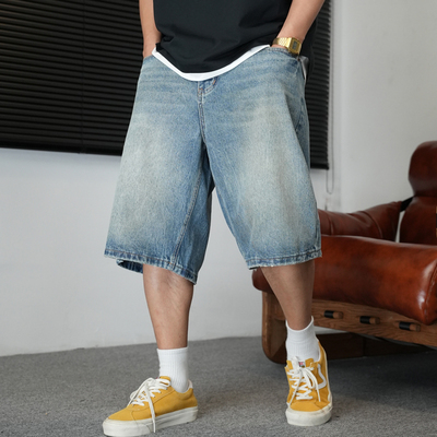 重磅复古浅蓝色牛仔短裤男直筒