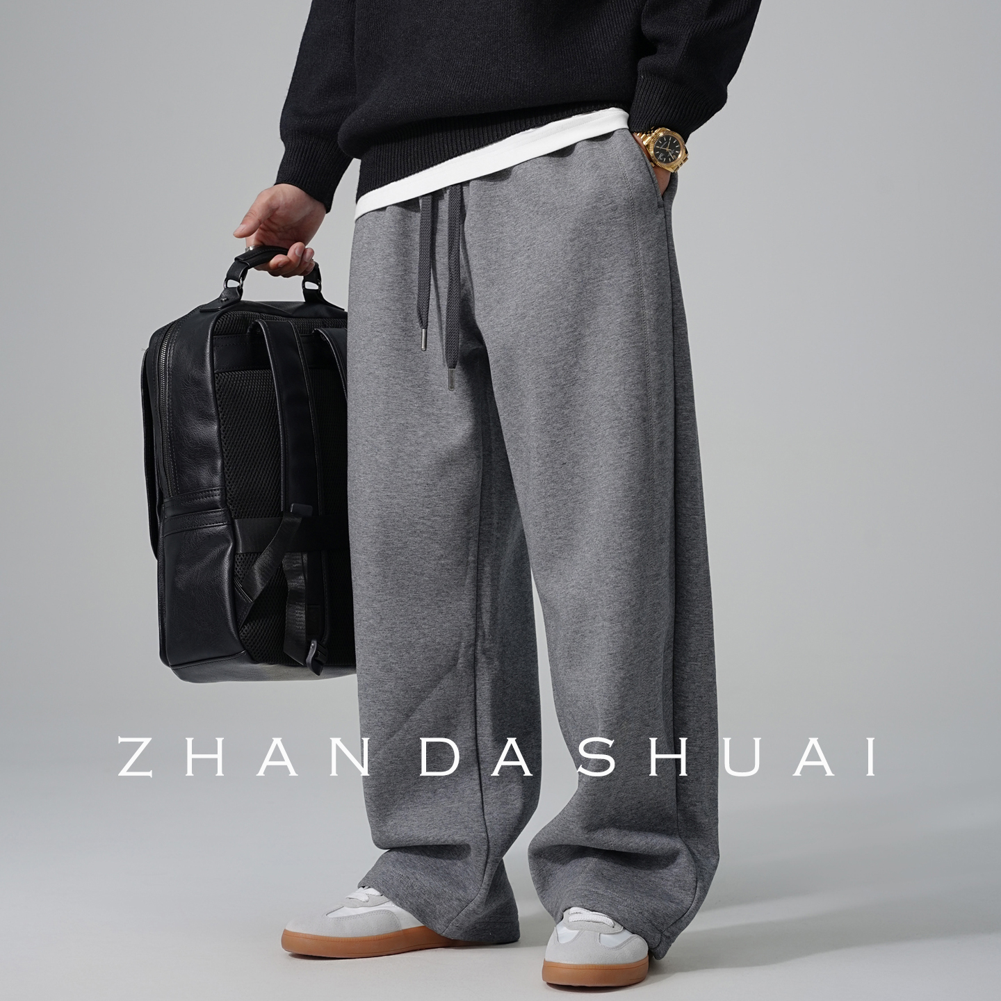 重磅加绒灰色卫裤男直筒宽松