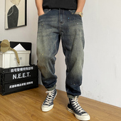 春秋季 男直筒宽松高街锥形裤 美式 休闲痞帅泼墨水洗复古怀旧牛仔裤