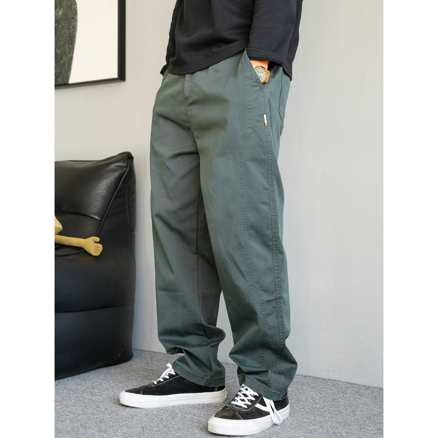 秋季美式休闲高级感痞帅拼接军绿色工装裤男直筒宽松紧腰锥形长裤