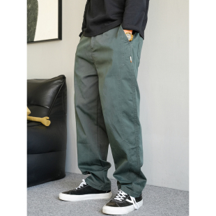 男直筒宽松紧腰锥形长裤 秋季 裤 休闲高级感痞帅拼接军绿色工装 美式