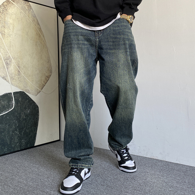 秋冬季美式休闲复古重磅加绒牛仔裤男直筒宽松百搭锥形阔腿裤子潮