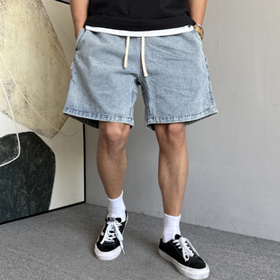 男宽松抽绳百搭高街五分裤 休闲痞帅复古浅色牛仔短裤 子潮 美式 夏季