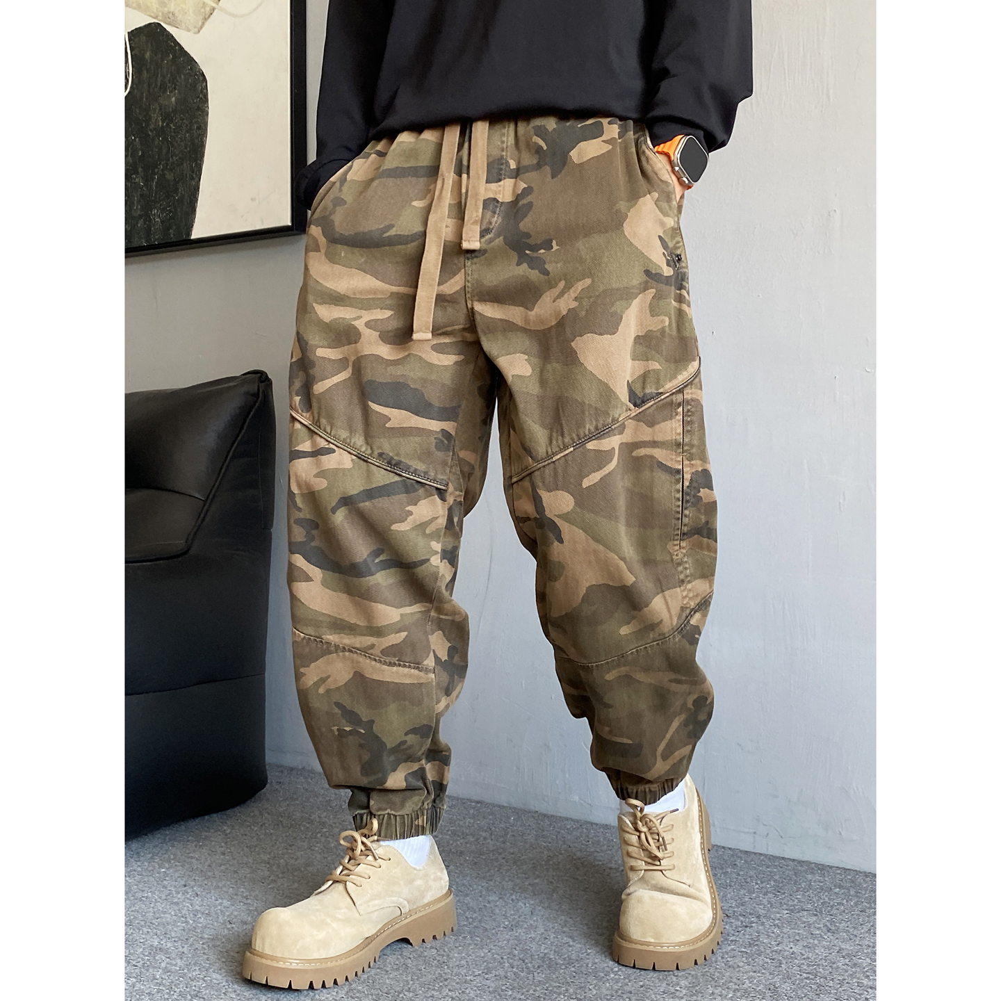 重磅拼接迷彩工装裤男宽松抽绳