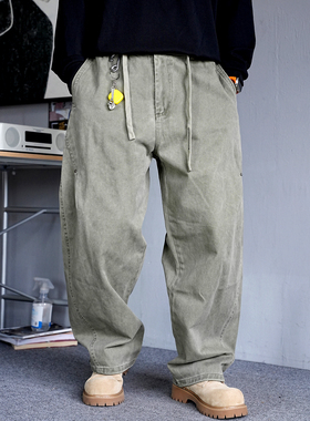 秋季美式复古痞帅重磅纯棉军绿色工装裤男直筒宽松抽绳阔腿弯刀裤