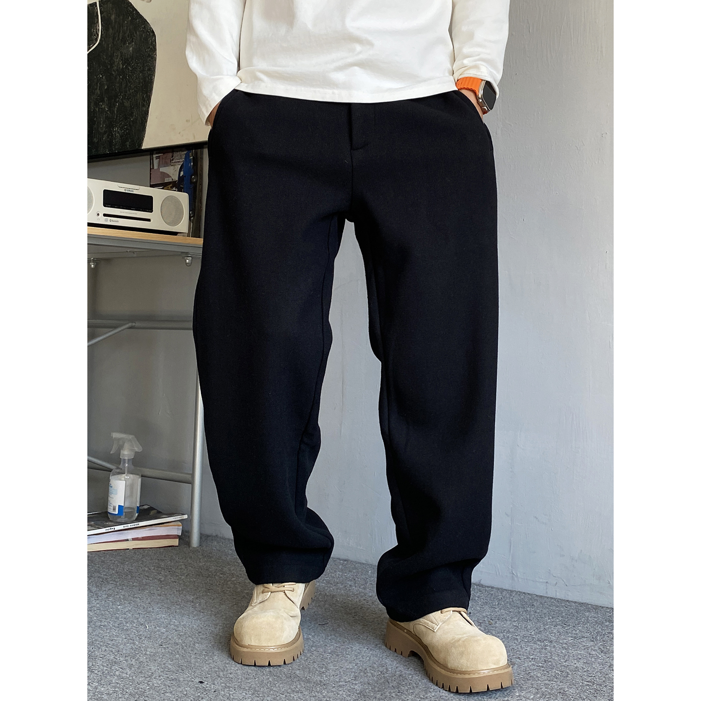 秋冬季美式高级感痞帅重磅羊毛呢料休闲裤男直筒宽松厚款长裤子潮