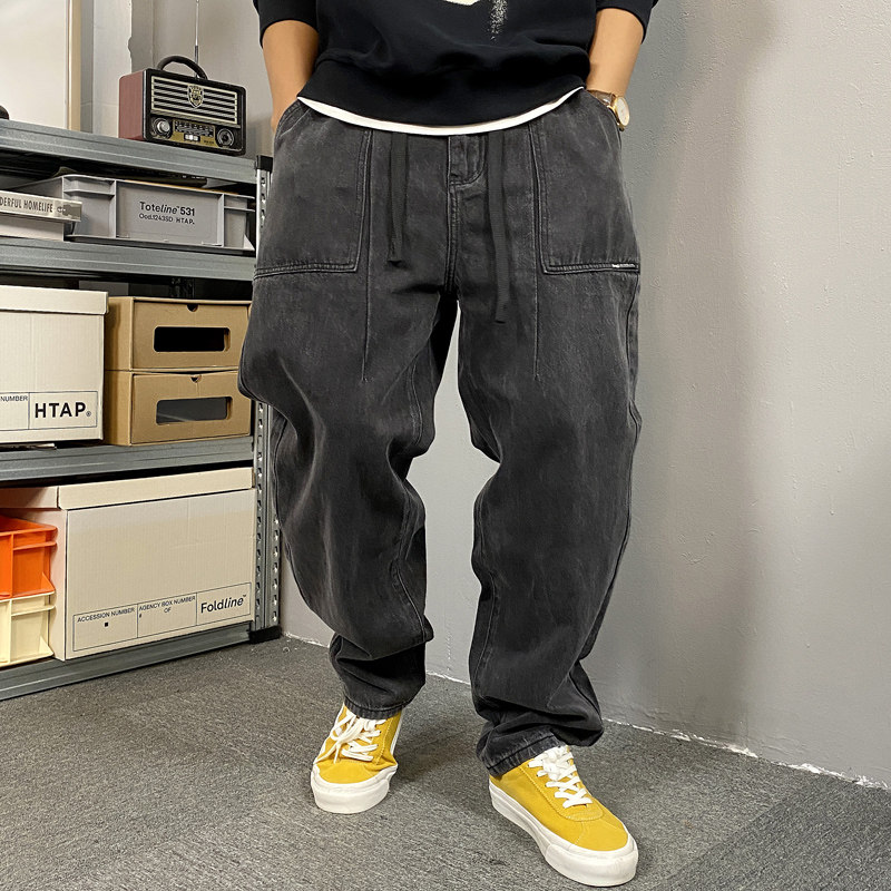 秋季美式休闲痞帅水洗复古黑灰色工装牛仔裤男直筒宽松抽绳阔腿裤,男装,牛仔裤,淘宝优惠券,粉丝福利购,淘宝优惠卷