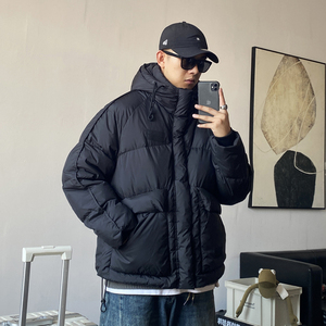冬季美式休闲痞帅高端黑色连帽工装羽绒服男宽松潮牌加厚保暖外套