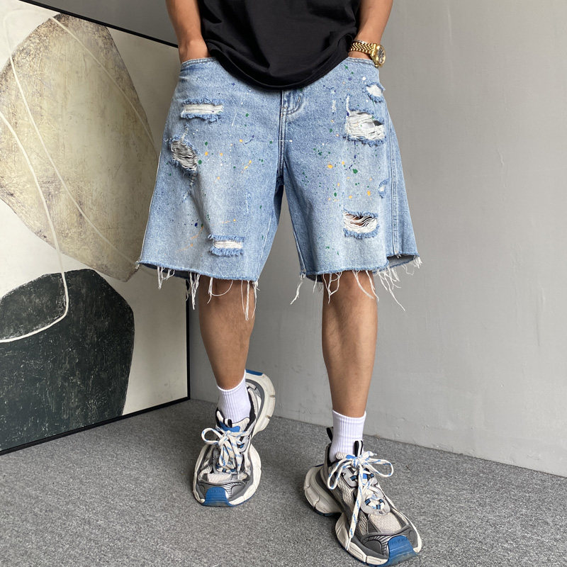 夏季美式休闲痞帅复古做旧点漆破洞牛仔短裤男宽松个性潮流五分裤