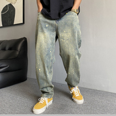 美式 休闲痞帅水洗复古泼墨牛仔裤 男直筒宽松大码 春季 百搭锥形裤 子