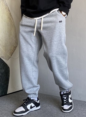 秋季美式休闲痞帅高端刺绣灰色卫裤男宽松抽绳百搭运动束脚裤子潮