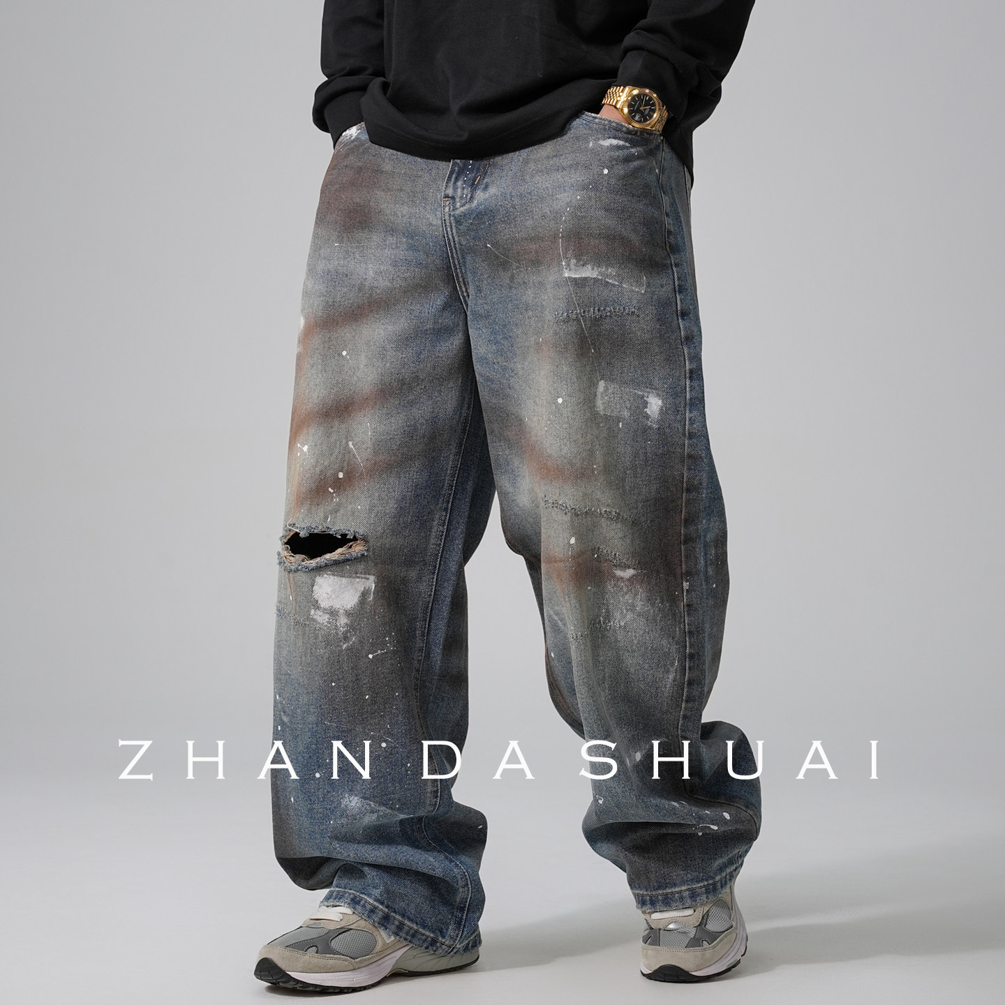 占大帅 美式重磅复古做旧破洞泼墨牛仔裤男直筒宽松高街阔腿长裤,男装,牛仔裤,淘宝优惠券,粉丝福利购,淘宝优惠卷