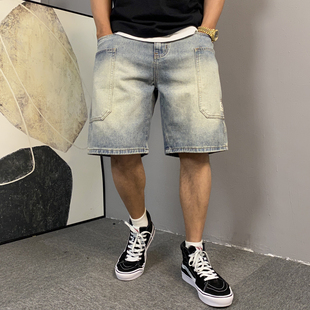 牛仔短褲 夏季 美式 休閑痞帥水洗復(fù)古工裝 子 男直筒寬松高街5五分褲