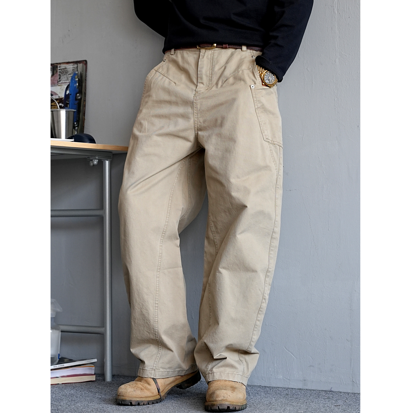 重磅卡其色工装裤男直筒宽松