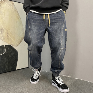 美式 高街束脚裤 休闲痞帅水洗复古工装 男宽松大码 子潮 牛仔裤 春秋季