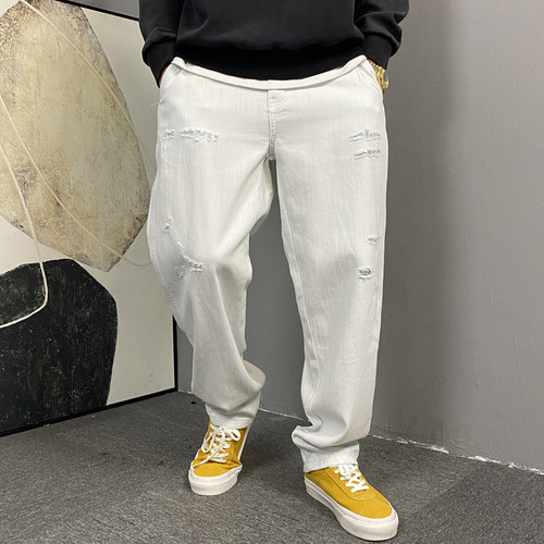 白色破洞牛仔裤男直筒宽松高街