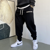 美式 休闲高端黑色加绒针织卫裤 男宽松束脚裤 秋冬季 运动长裤 子潮流