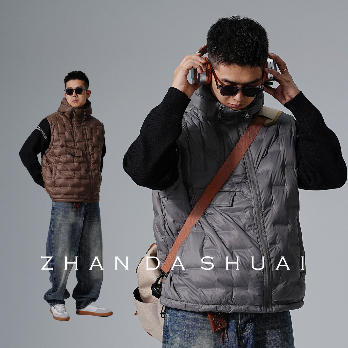 压印轻薄款连帽羽绒马甲男冬季