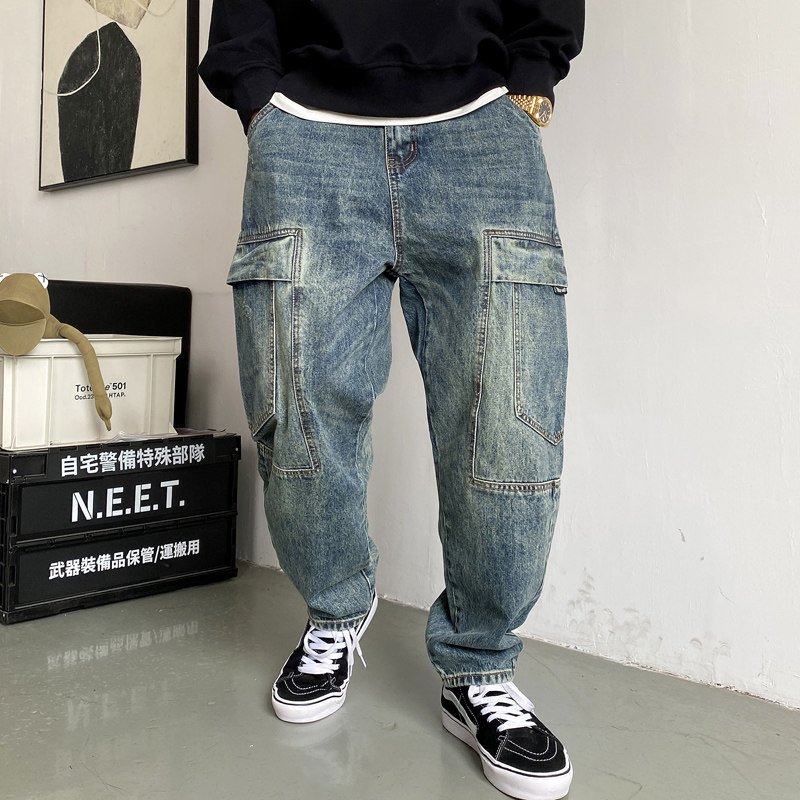 春秋季美式休闲痞帅水洗复古工装牛仔裤男直筒宽松高街锥形裤子潮