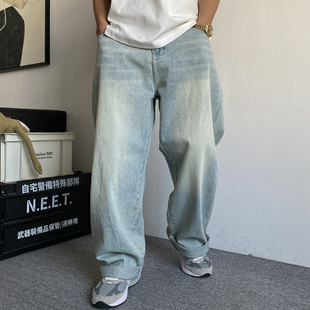 男直筒宽松百搭阔腿拖地老爹裤 休闲痞帅复古浅色牛仔裤 子 美式 春季