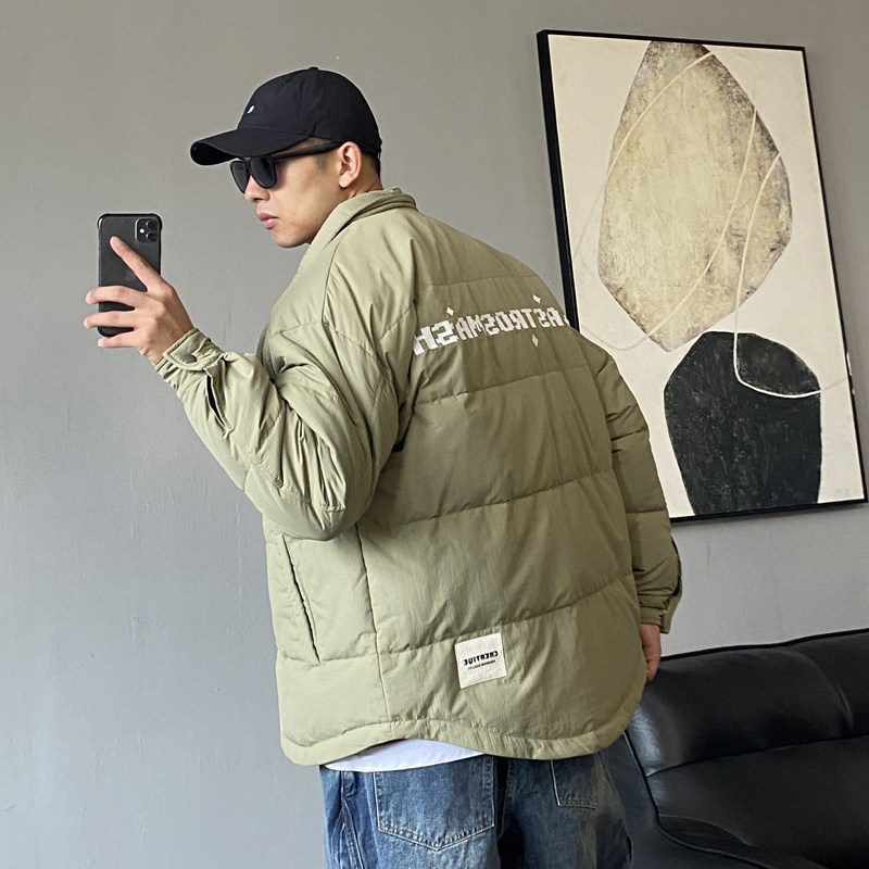 冬季美式休闲痞帅高端刺绣轻薄羽绒服男宽松大码加肥加大翻领外套