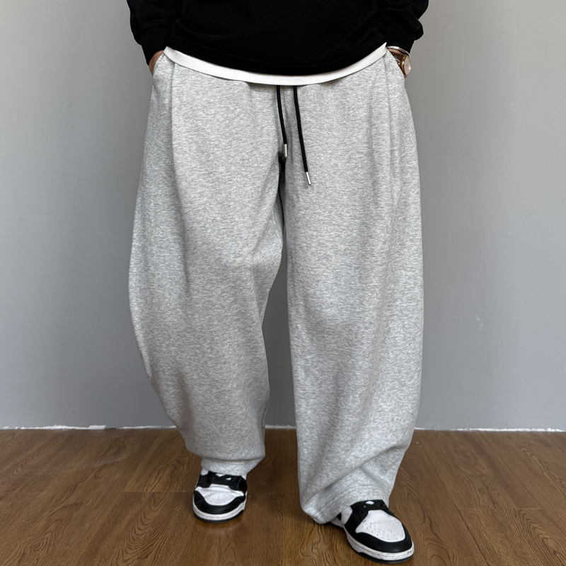 秋季美式休闲痞帅重磅灰色针织卫裤男直筒宽松抽绳百搭阔腿裤子潮