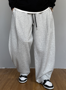 秋季美式休闲痞帅重磅灰色针织卫裤男直筒宽松抽绳百搭阔腿裤子潮