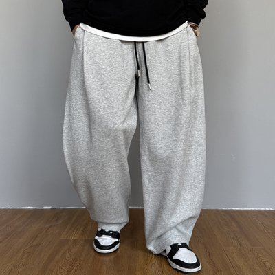 秋季美式休闲痞帅重磅灰色针织卫裤男直筒宽松抽绳百搭阔腿裤子潮