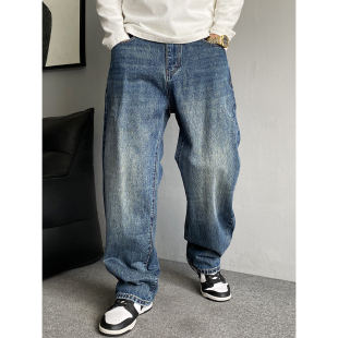 男直筒宽松通勤百搭纯棉阔腿长裤 痞帅重磅水洗复古牛仔裤 美式 秋季