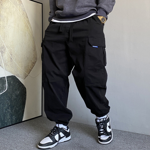 男宽松百搭束脚裤 秋冬季 裤 休闲痞帅重磅黑色加绒大口袋工装 子 美式