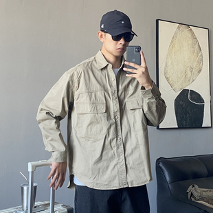秋季美式休闲痞帅重磅水洗工装衬衫外套男宽松日系纯棉长袖衬衣潮