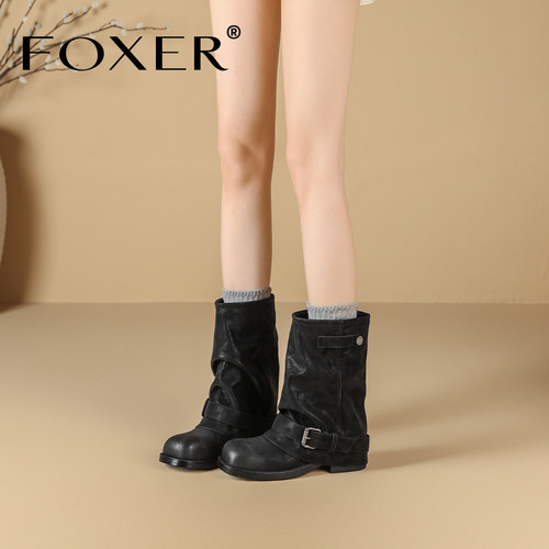 FOXER复古黑色裤管靴女百搭粗跟