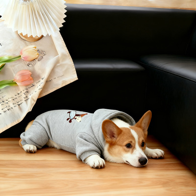 狗衣服冬季灰色卡通小狗刺绣秋冬中型犬柯基法斗保暖连帽四脚衣