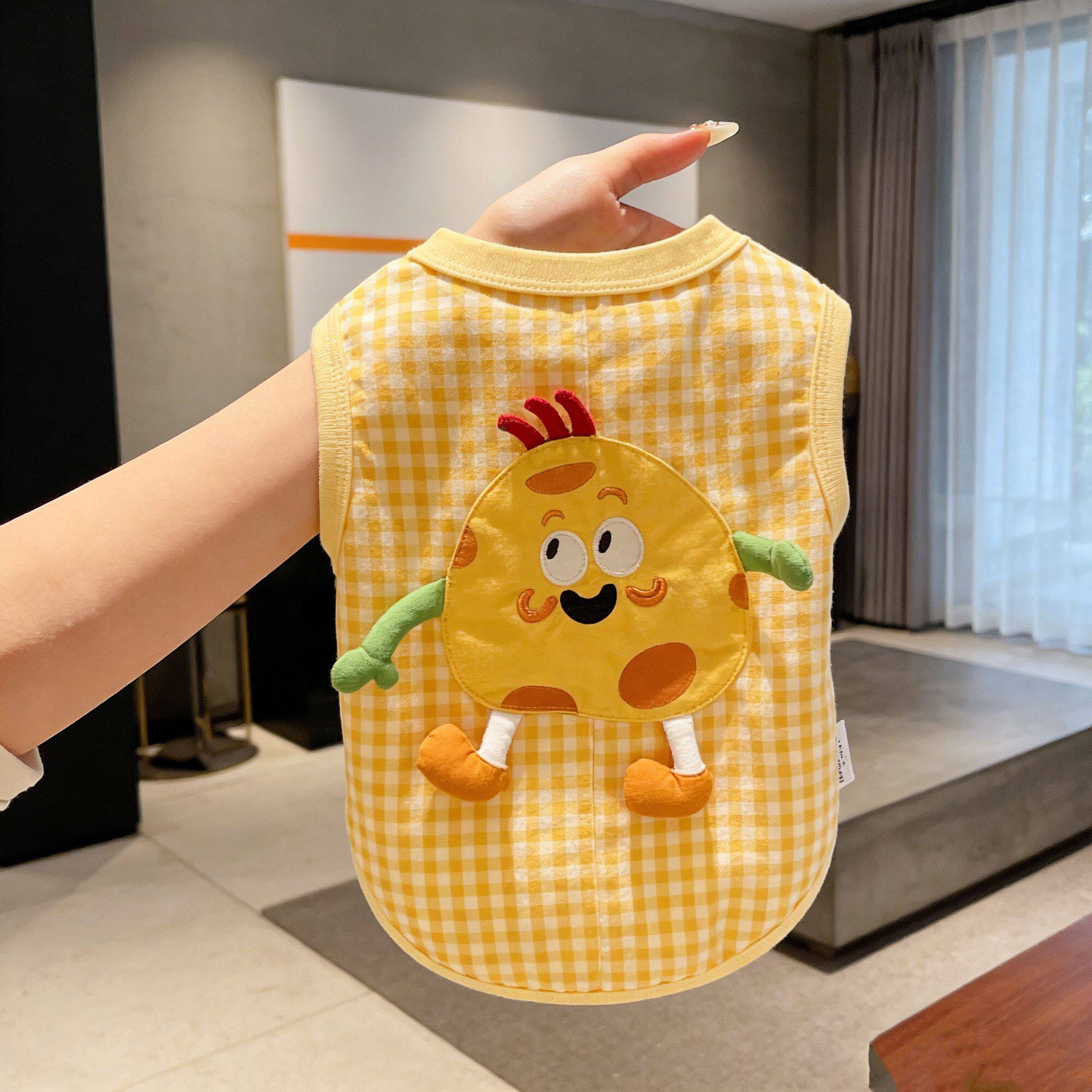 宠物狗狗衣服黄白格纹立体卡通薄款亲肤透气背心比熊小型犬春夏
