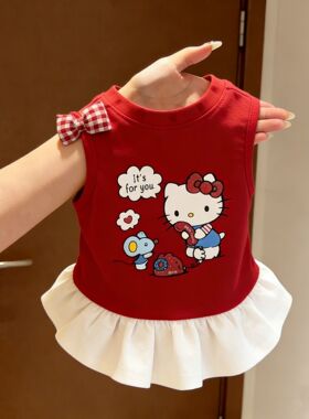 宠物狗狗衣服 Kitty卡通格纹蝴蝶结白色裙摆背心裙小型犬猫咪春夏