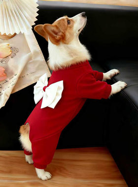 狗衣服冬季红色大蝴蝶结装饰宠物秋冬中型犬柯基法斗保暖四脚衣